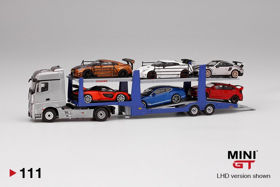 MINI GT #111 — Mercedes-Benz Actros w/ car carrier trailer LHD - MGT00111-L RHD - MGT00111-R *** The 6 model cars are not included. Display shown for reference only*** - Image 8