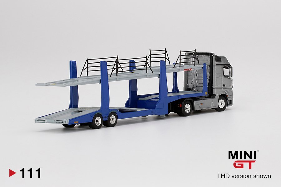 MINI GT #111 — Mercedes-Benz Actros w/ car carrier trailer LHD - MGT00111-L RHD - MGT00111-R *** The 6 model cars are not included. Display shown for reference only*** - Image 4