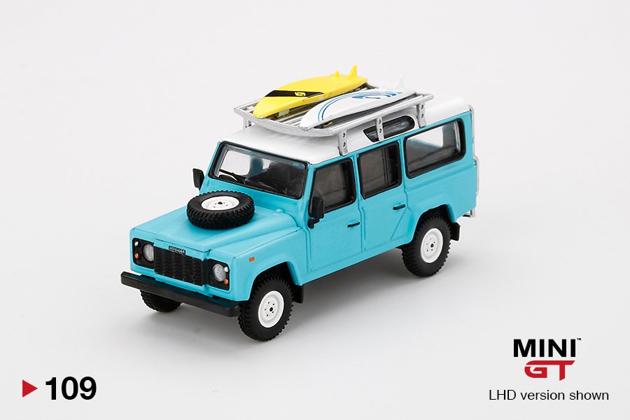 MINI GT #109 — Land Rover Defender 110 Light Blue w/ Surfboard - Image 3