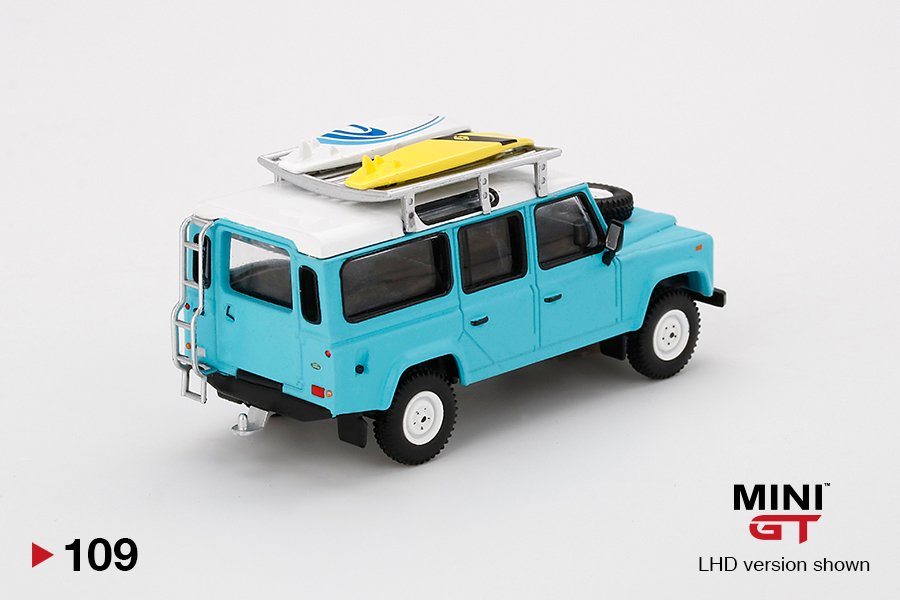 MINI GT #109 — Land Rover Defender 110 Light Blue w/ Surfboard - Image 4