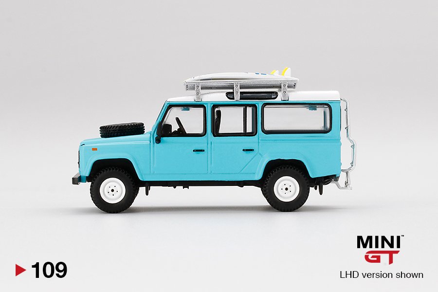 MINI GT #109 — Land Rover Defender 110 Light Blue w/ Surfboard - Image 5