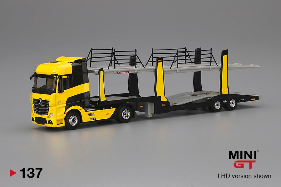 MINI GT #137 — Mercedes-Benz Actros Yellow w/Car Carrier - Image 3