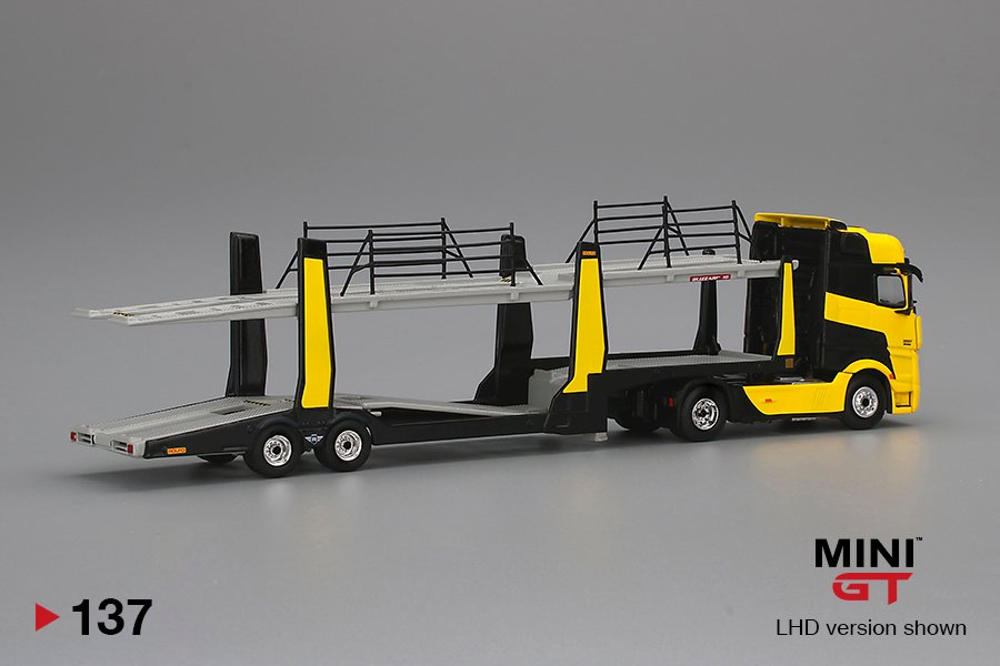 MINI GT #137 — Mercedes-Benz Actros Yellow w/Car Carrier - Image 4