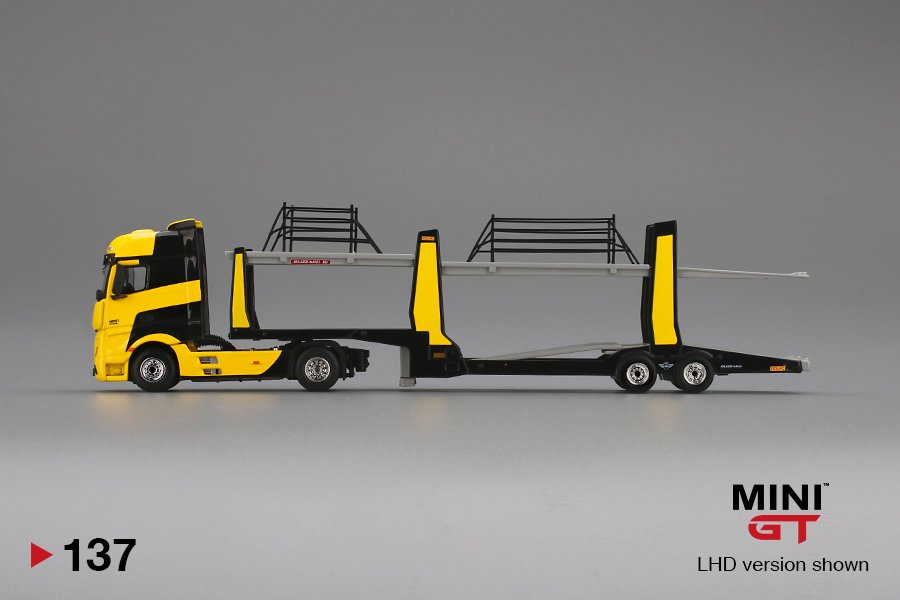 MINI GT #137 — Mercedes-Benz Actros Yellow w/Car Carrier - Image 5