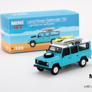 MINI GT #109 — Land Rover Defender 110 Light Blue w/ Surfboard
