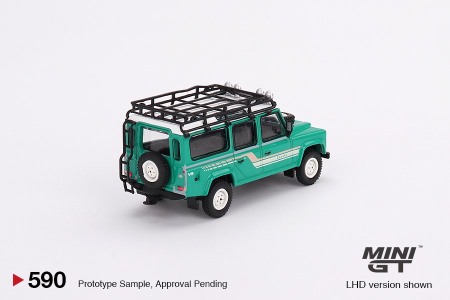 MINI GT #590 — Land Rover Defender 110 1985 County Station Wagon Trident Green LHD / RHD version available - Image 4